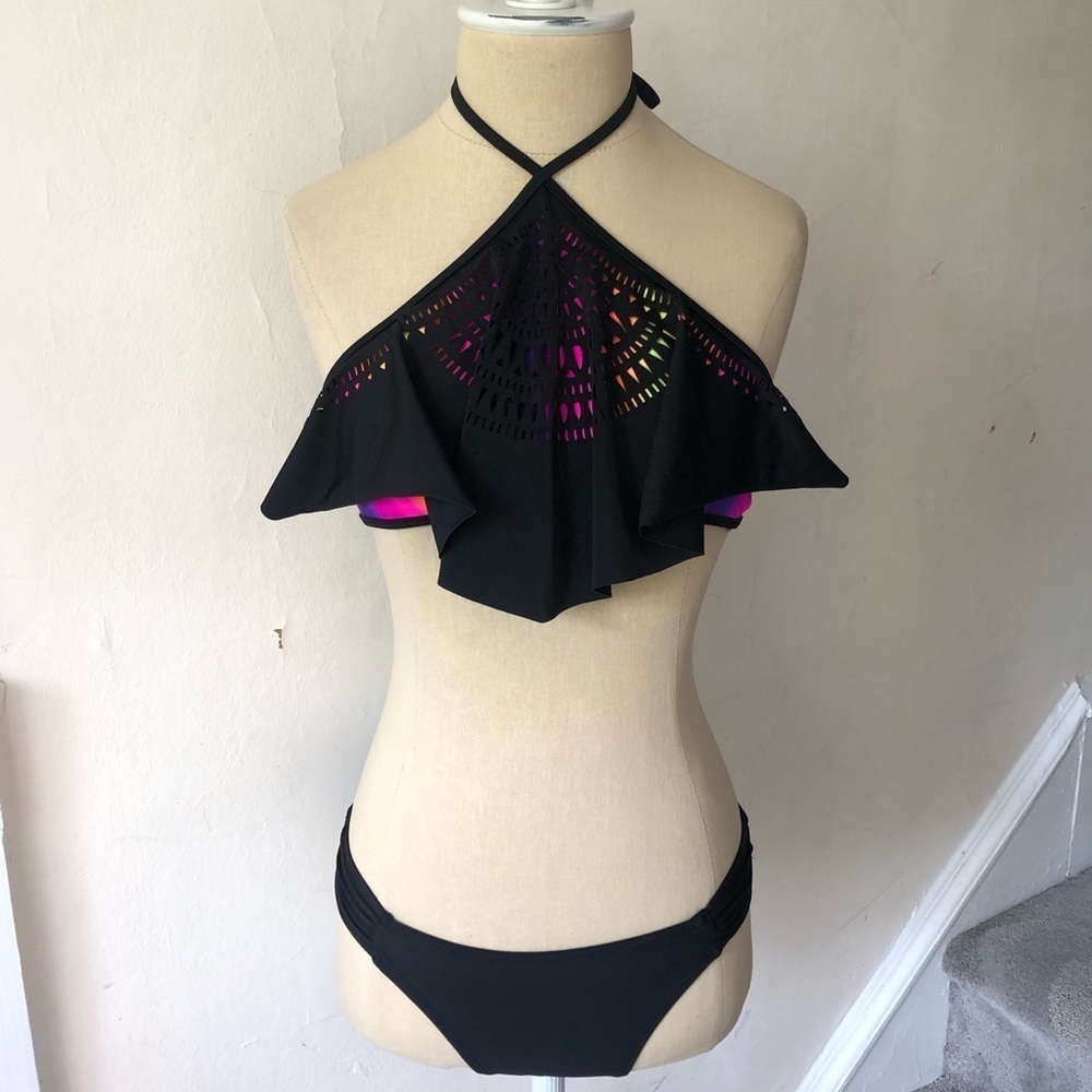 PINK Rainbow Laser Cut High Neck Flounce Bikini